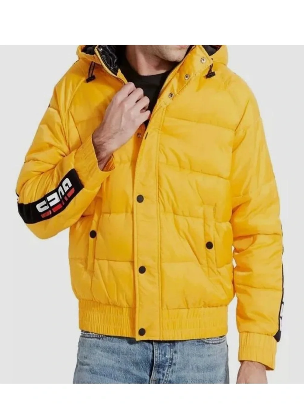New Guess Men's Yellow Hooded Puffer Jacket with Logo Sleeve